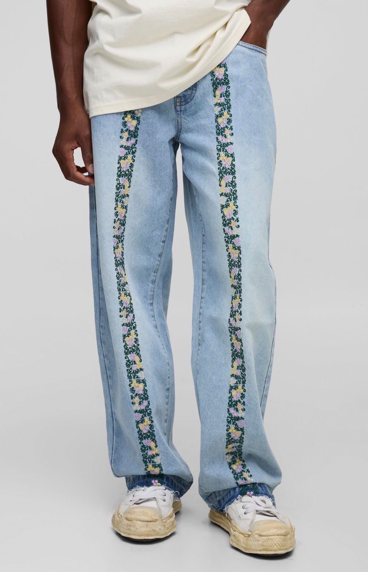 BoohooMAN Relaxed Floral Embroidery Denim Jeans With Let Down Hem