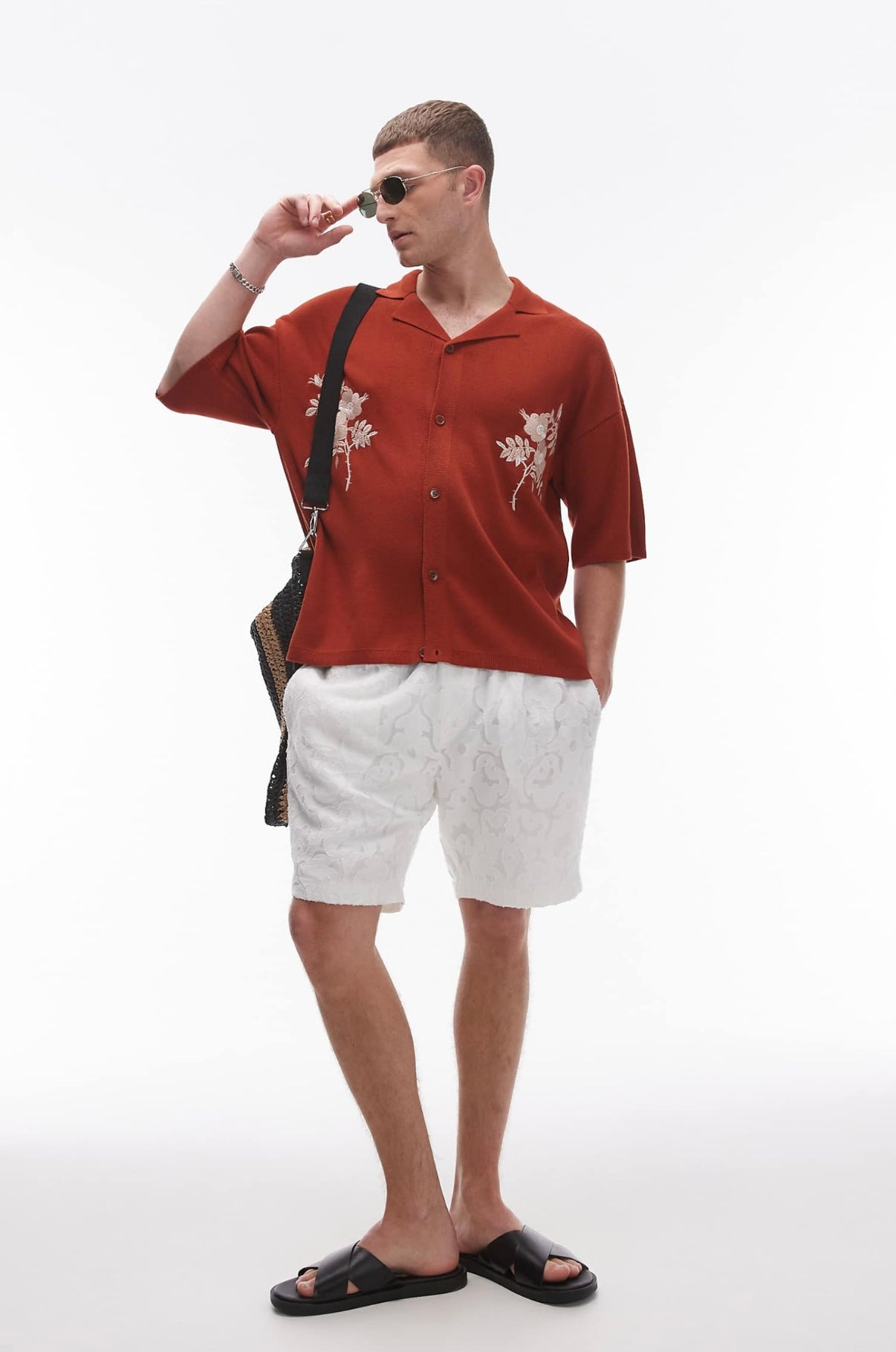 Topman floral Embroidered polo in rust