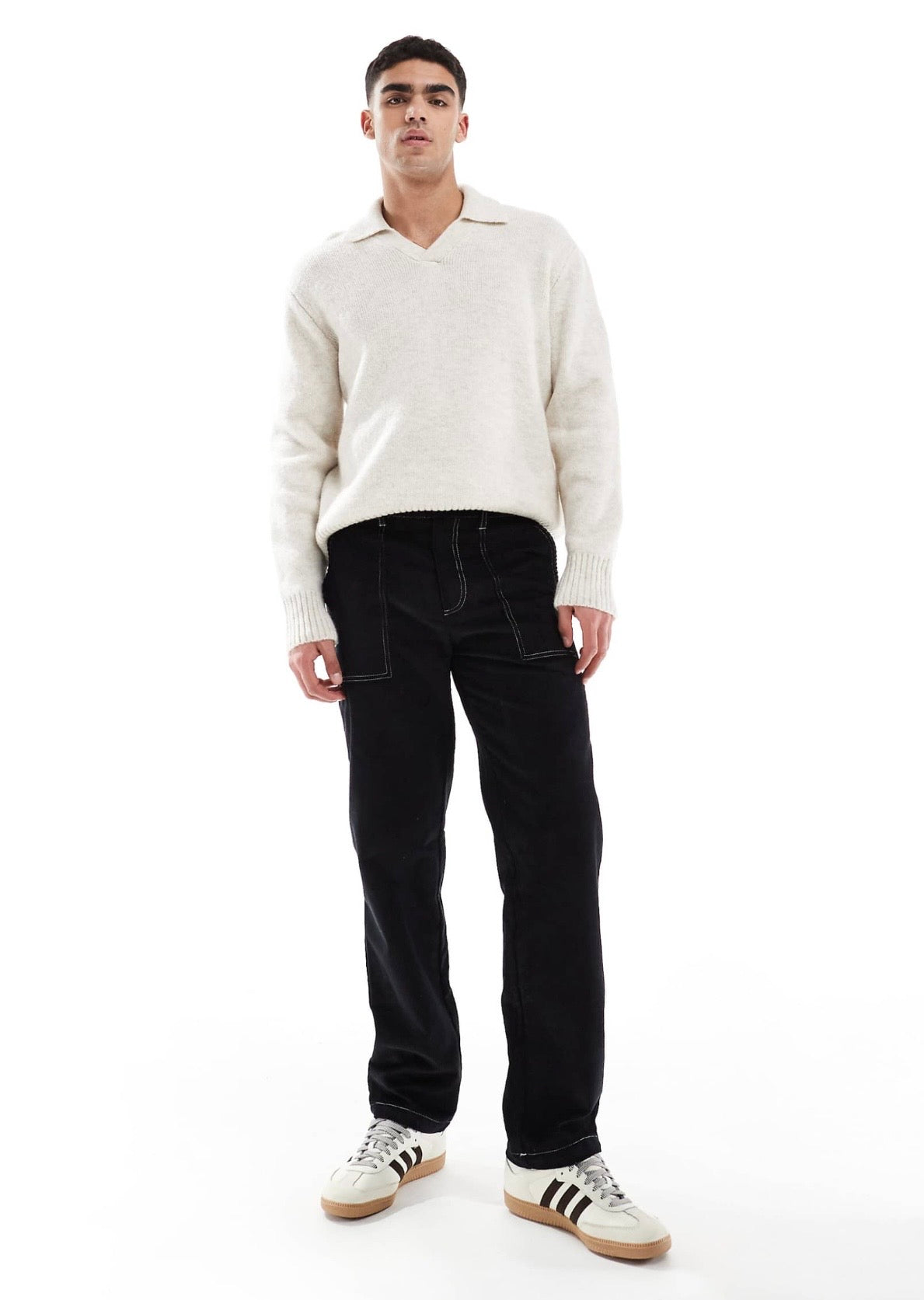 ASOS DESIGN straight leg cord trousers with contrast stitch in black