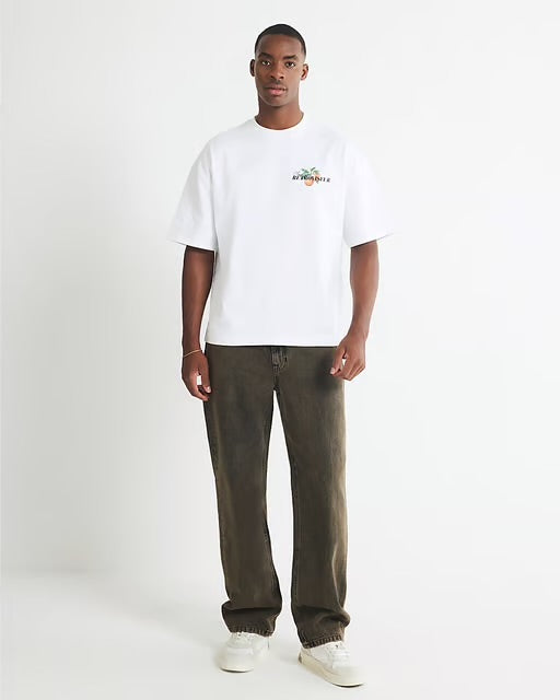 River Island Mens T-Shirt White Retroviseur Orange Tree Car