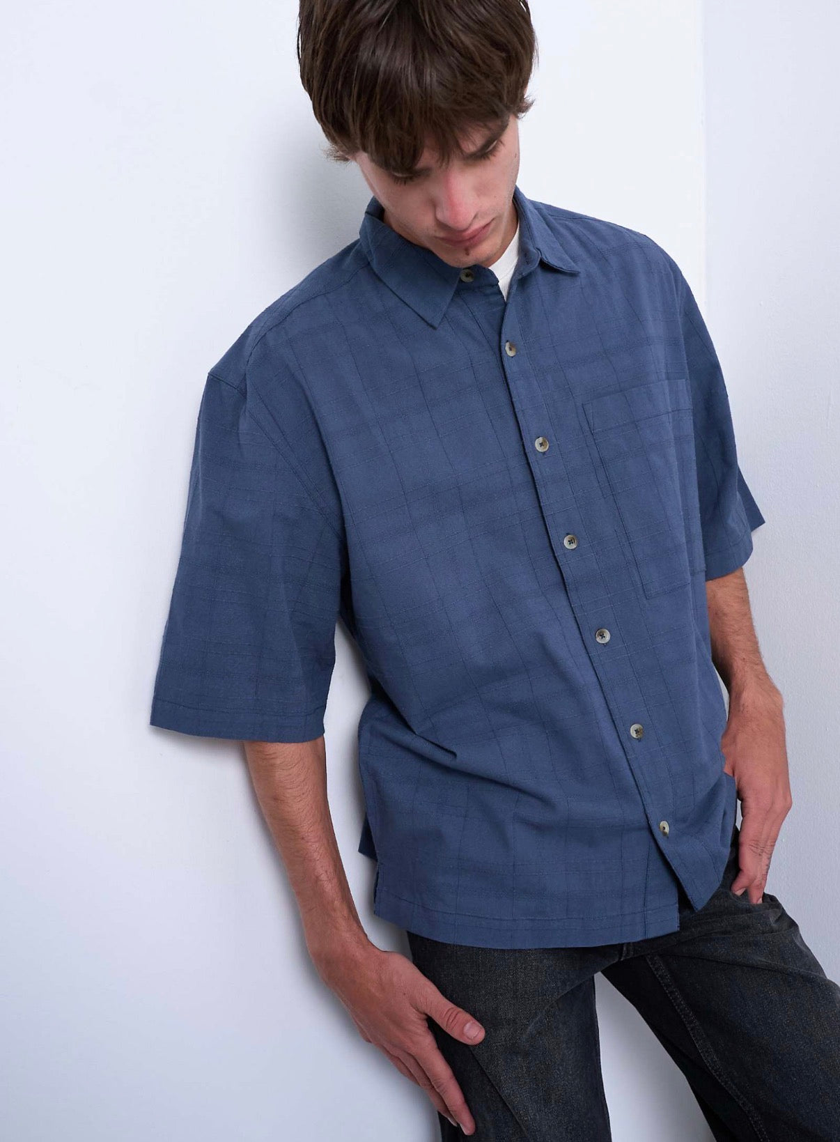 Topman short sleeve boxy textured shirt in mid blue