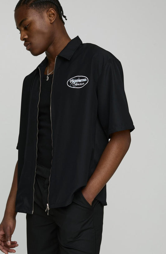 Oversized Zip Through Soft Twill Homme Graphic Shirt