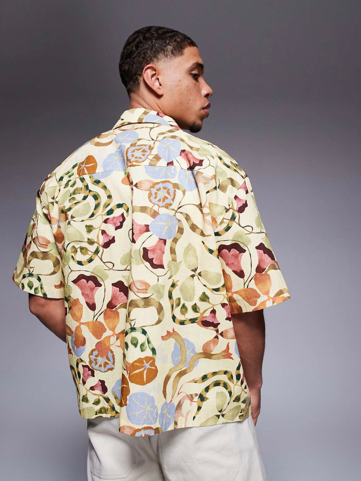 ASOS DESIGN boxy oversized printed shirt in neutral