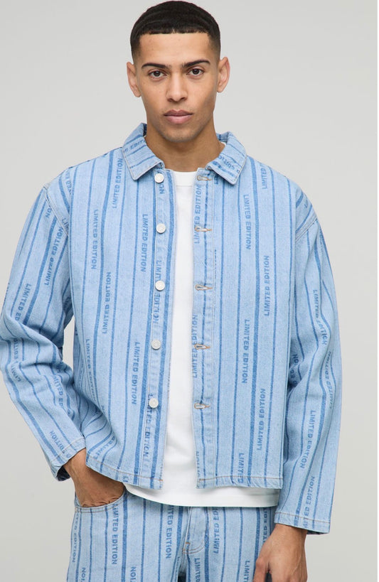 BoohooMAN Long Sleeve Boxy Laser Print Striped Denim Overshirt