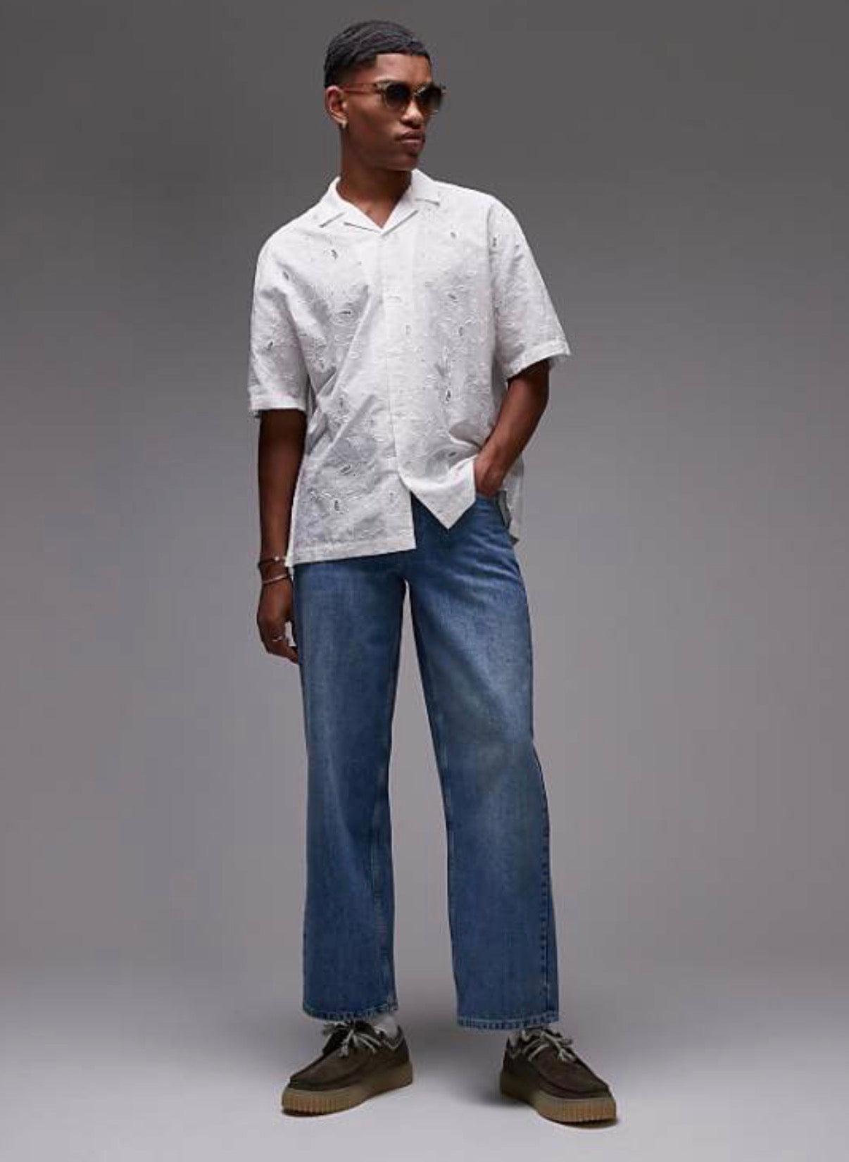 Topman short sleeve relaxed revere embroidered shirt in white