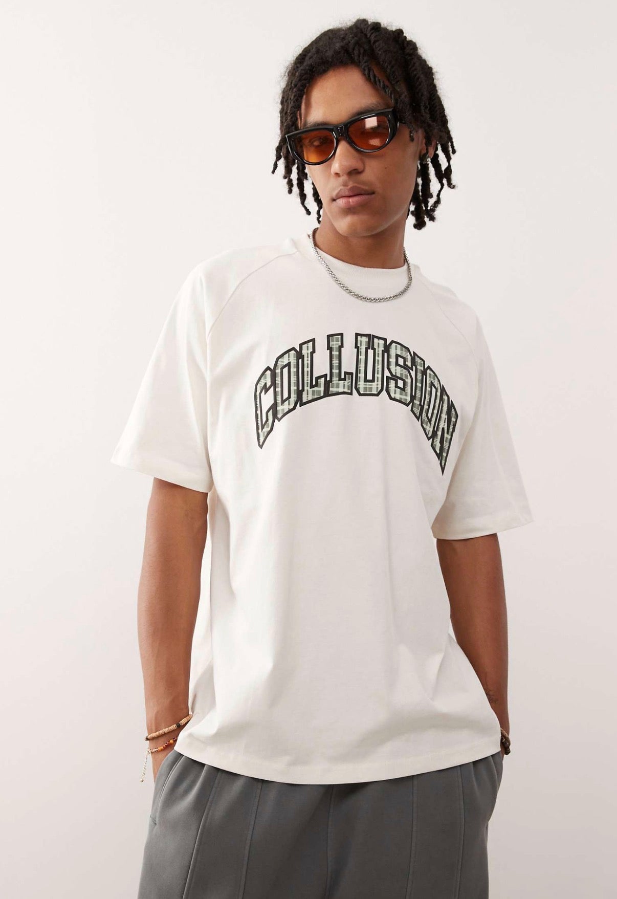 COLLUSION Heavyweight tee with check print in white
