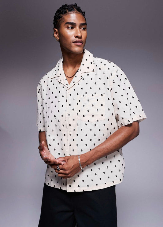 Bershka all over embroidered natural shirt in ecru