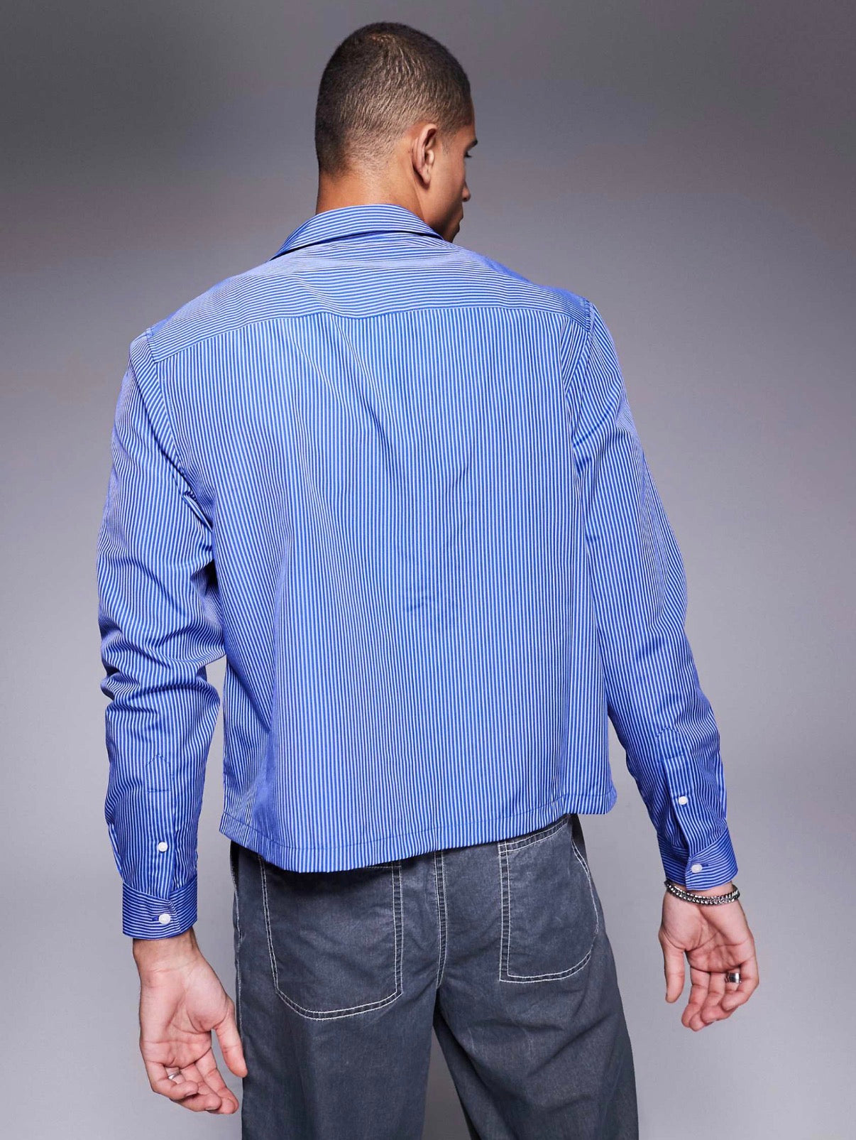 ASOS DESIGN boxy relaxed stripe shirt with chest embroidery in blue