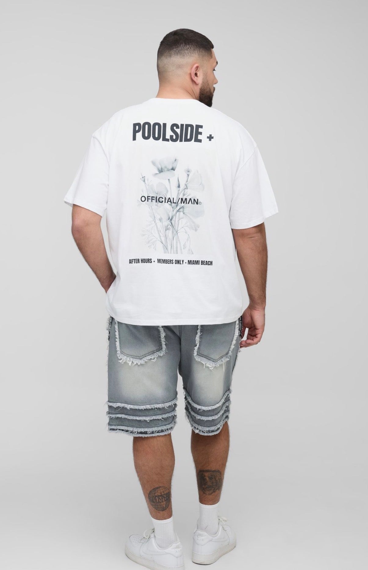 BoohooMAN Plus Slim Fit Frayed Panel Denim Shorts