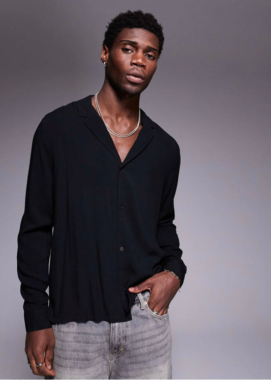 ASOS DESIGN fit viscose shirt with deep revere collar in black