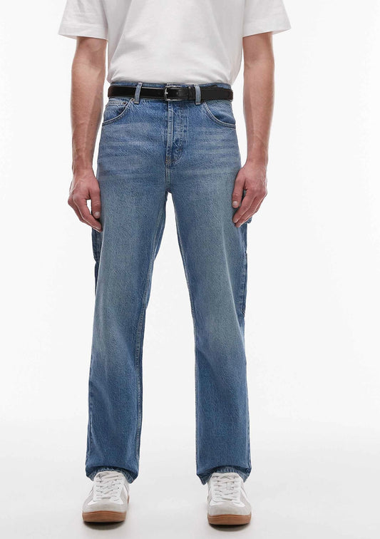 Topman rigid straight leg carpenter jean in mid wash blue