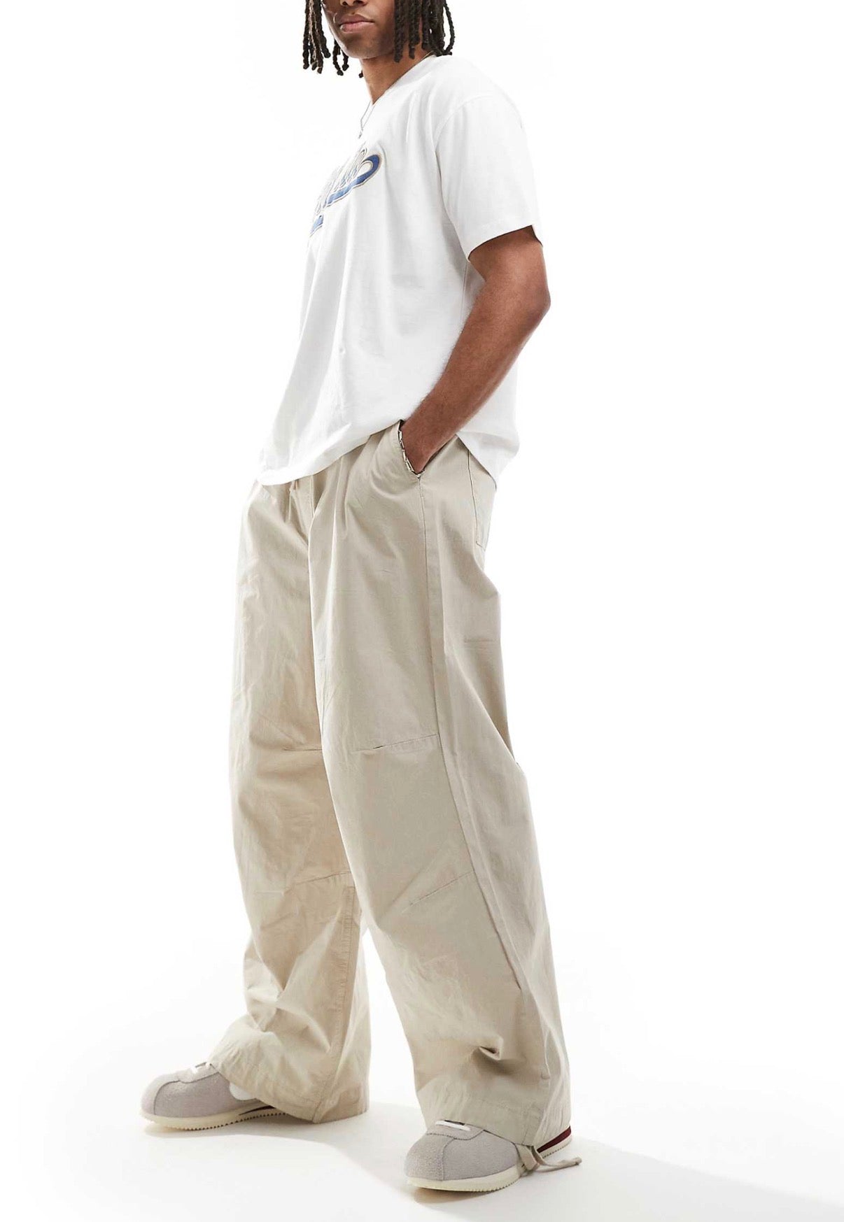 ASOS DESIGN parachute trousers in stone poplin