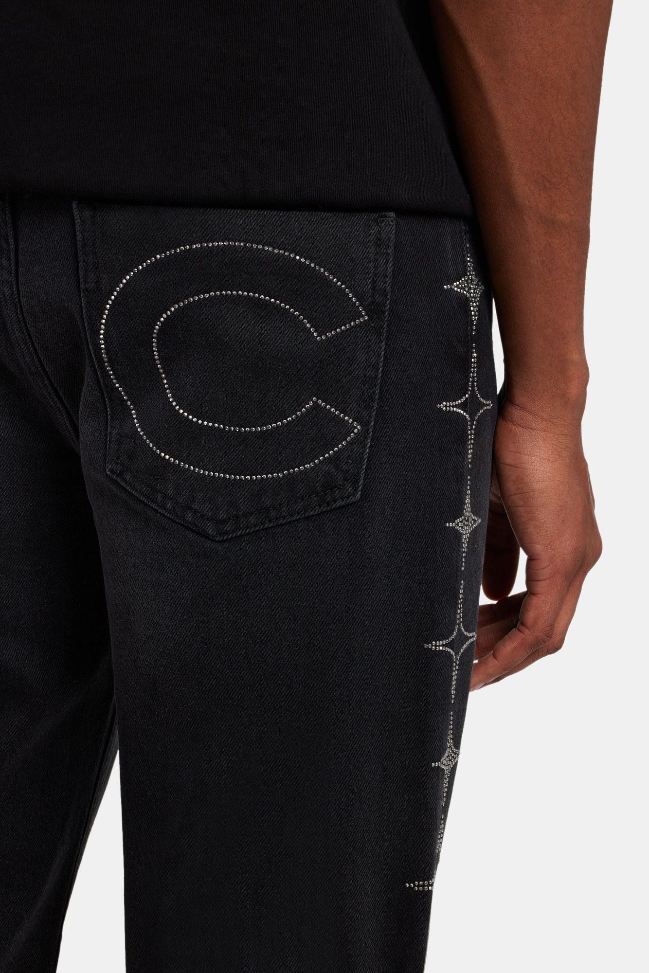 Cernucci Relaxed Rhinestone Star Jeans - Washed Black