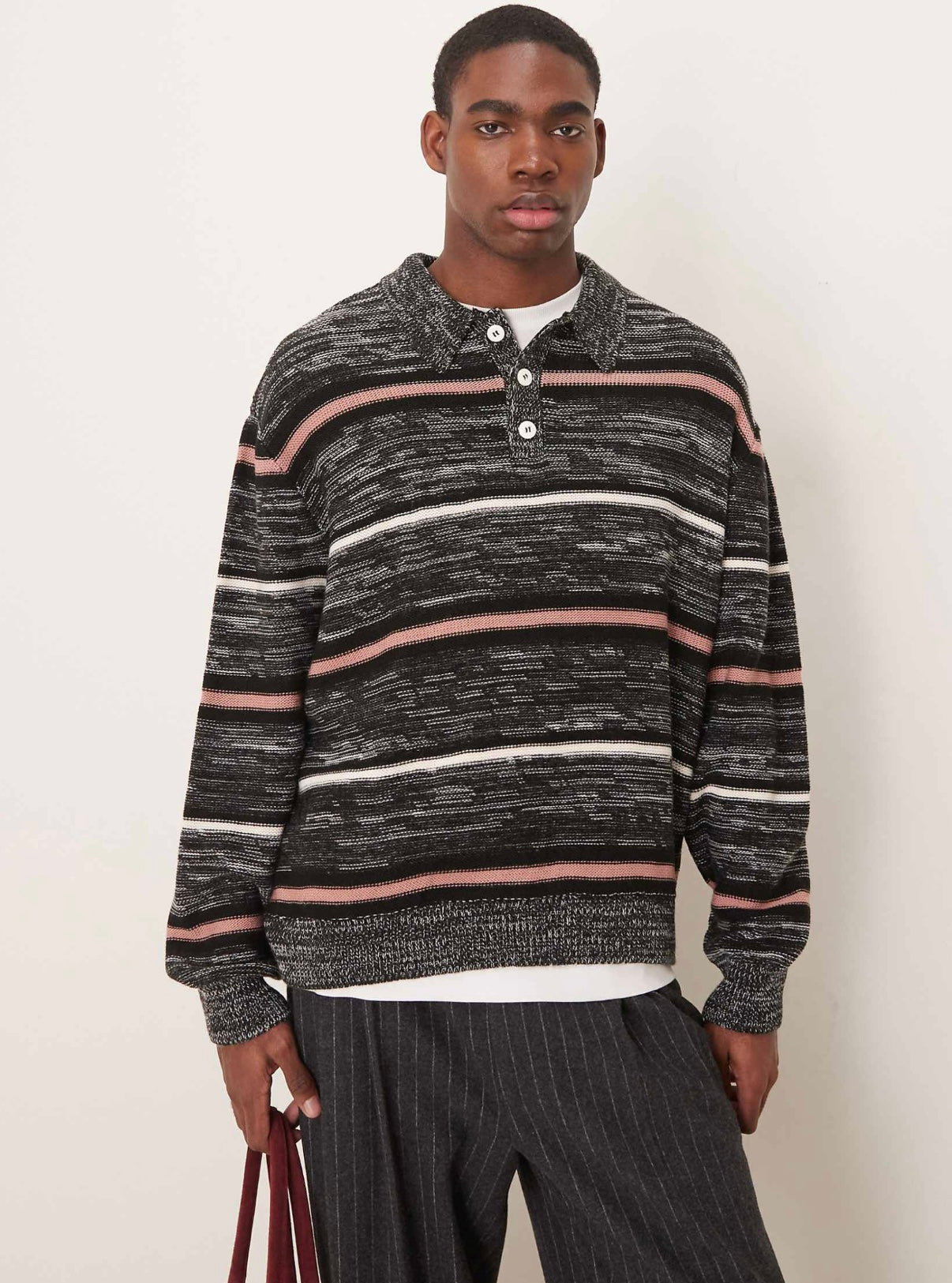 ASOS DESIGN oversized knitted stripe polo in grey marl