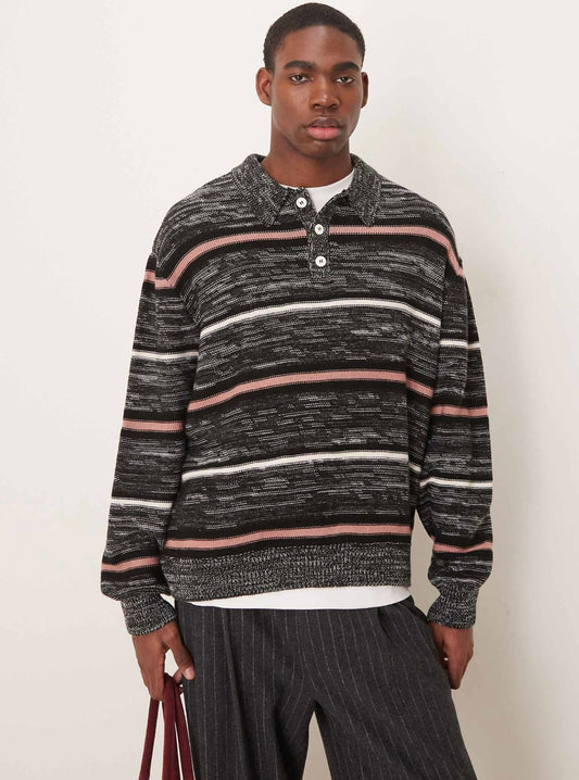 ASOS DESIGN oversized knitted stripe polo in grey marl