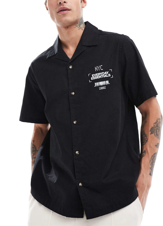 ASOS design relaxed revere shirt with chest print in black