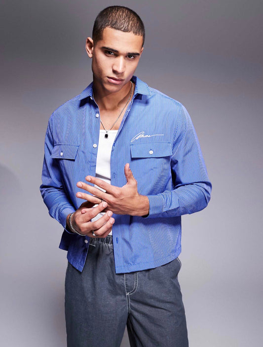 ASOS DESIGN boxy relaxed stripe shirt with chest embroidery in blue