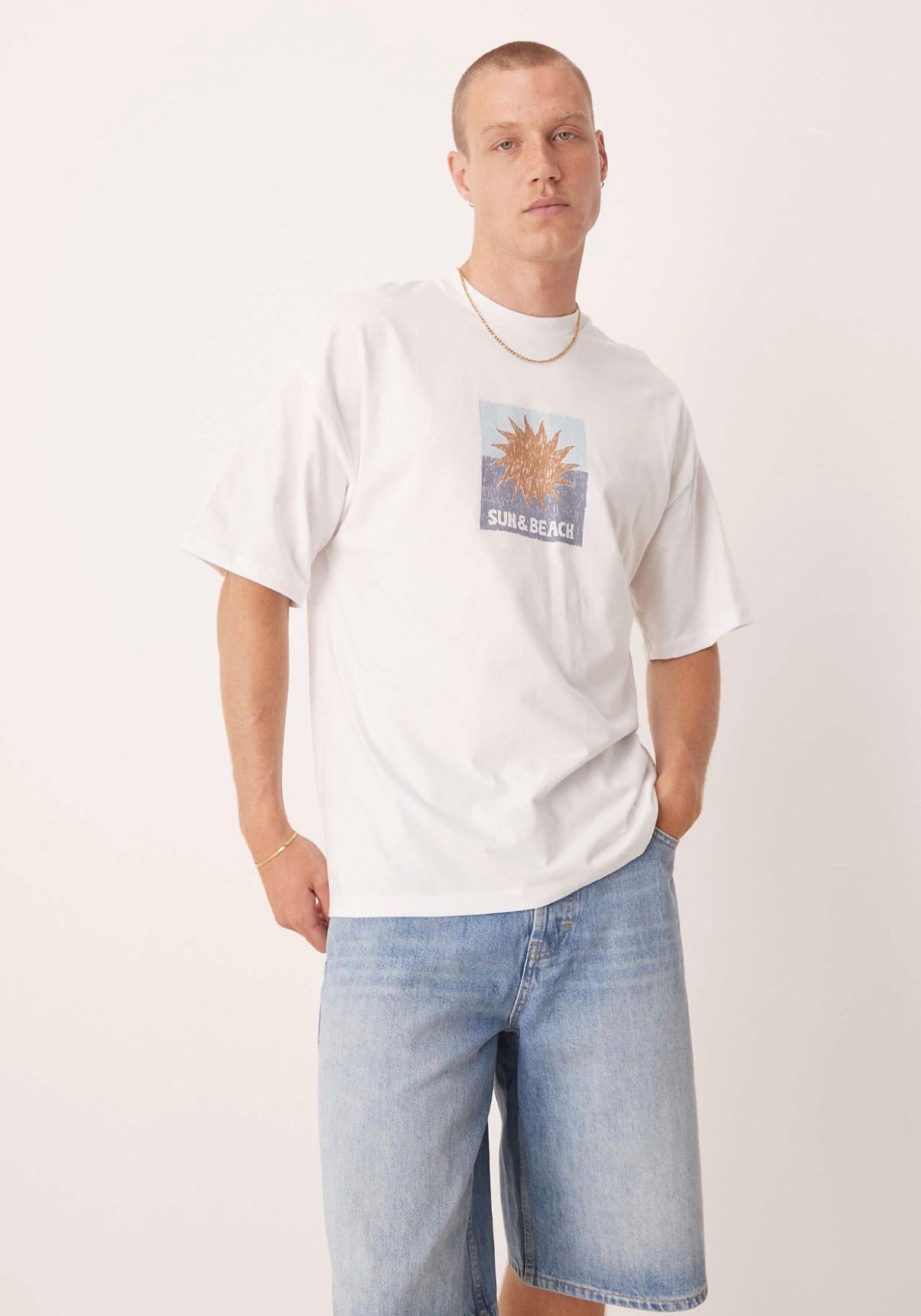 Selected oversized t-shirt with sun front print in white
