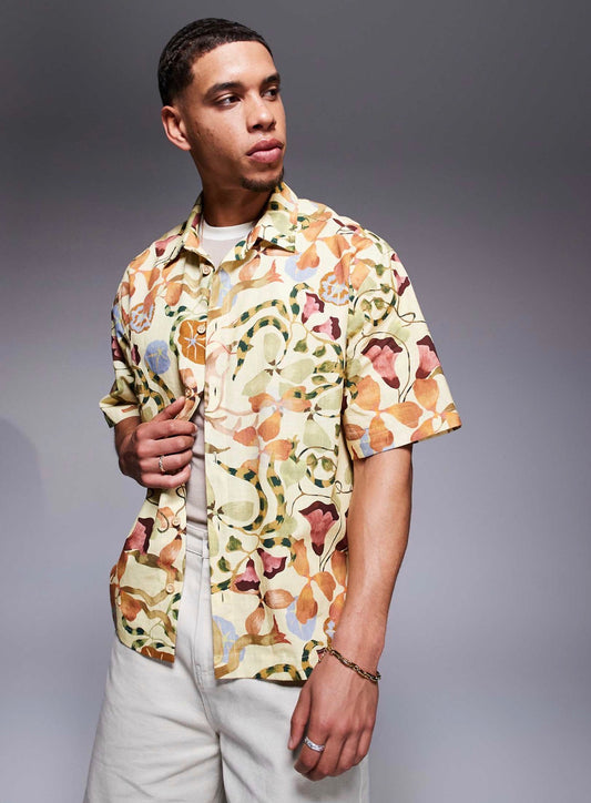 ASOS DESIGN boxy oversized printed shirt in neutral