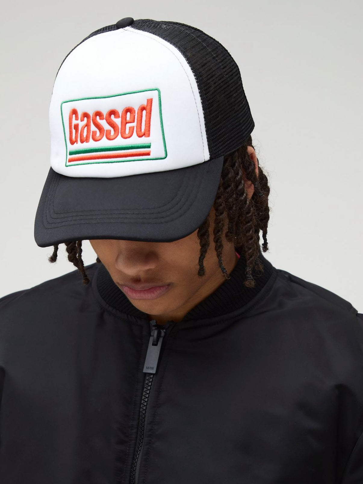 BoohooMAN Gassed Graphic Trucker Cap