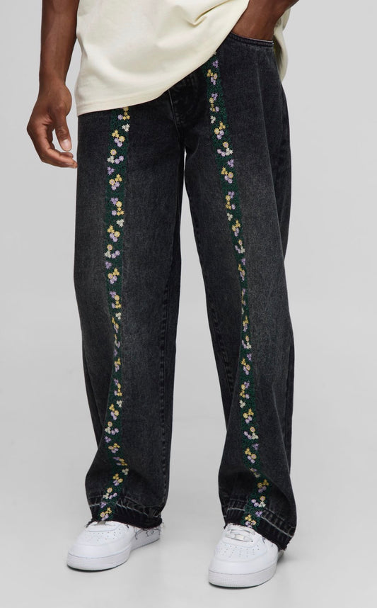 BoohooMAN Relaxed Floral Embroidery Denim Jeans With Let Down Hem