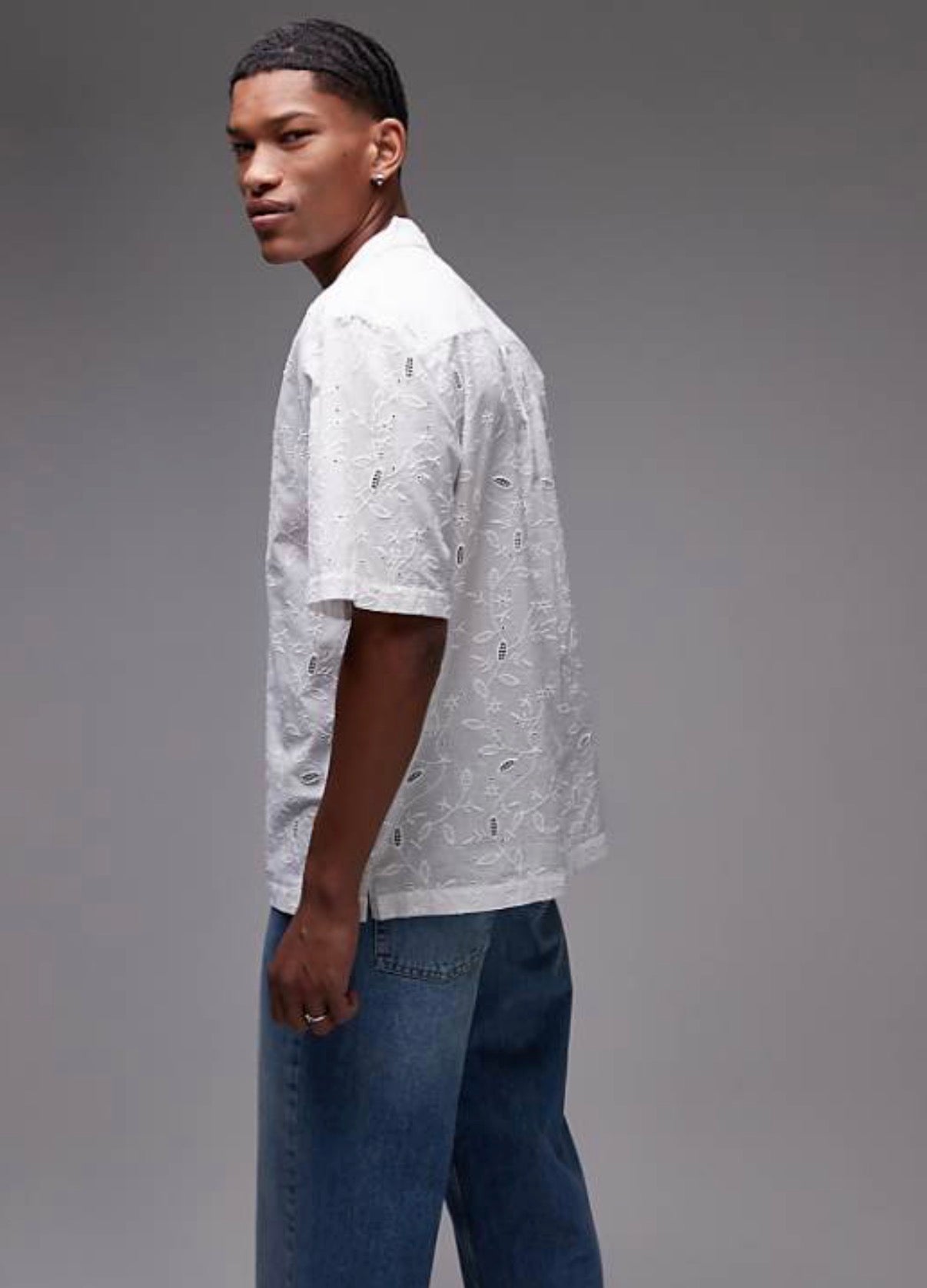 Topman short sleeve relaxed revere embroidered shirt in white