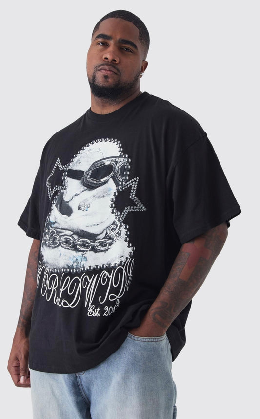 BoohooMAN Plus Worldwide Balaclava Print Oversized T-Shirt In Black