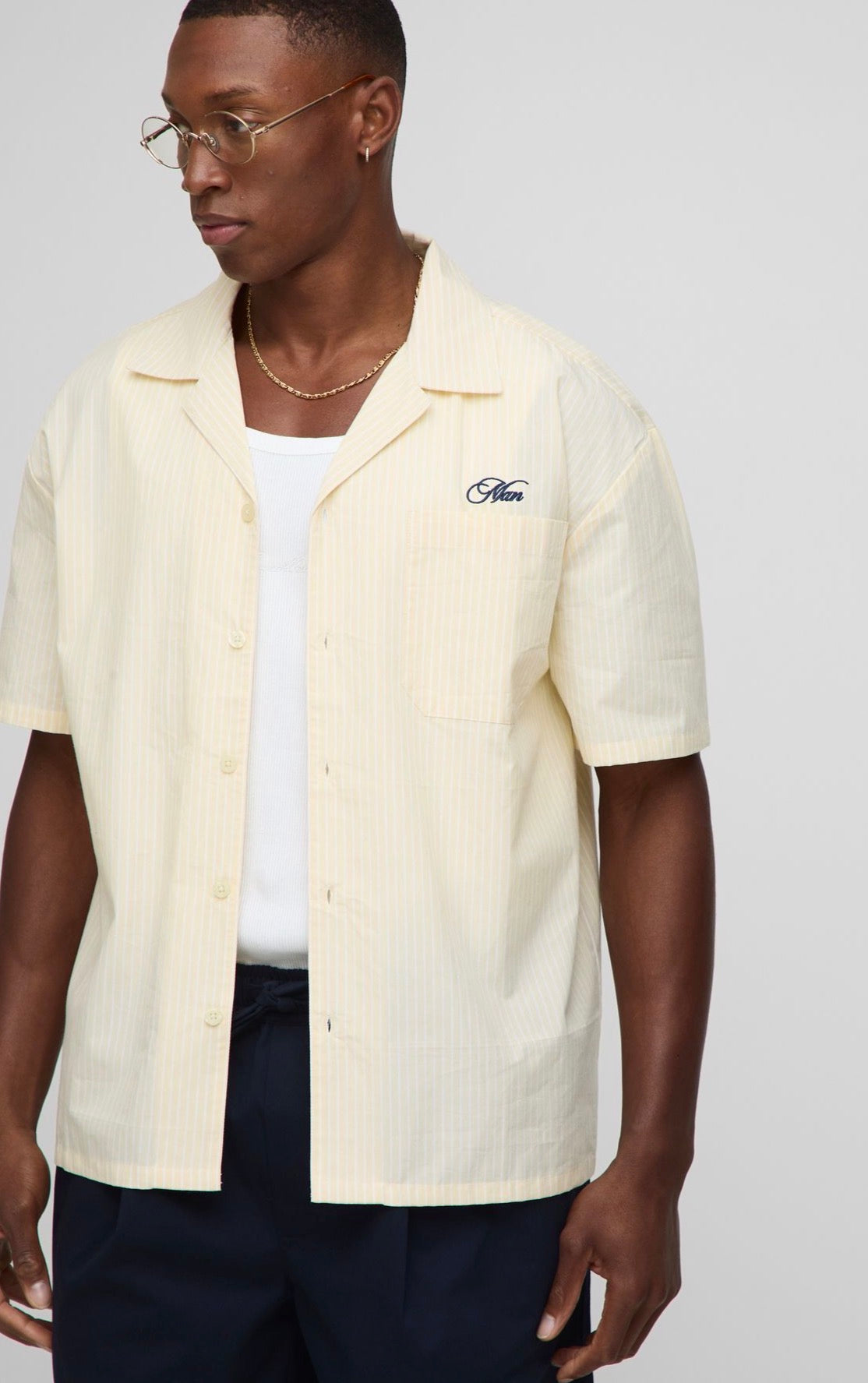 BoohooMAN Oversized Revere Fruit Print Stripe Shirt