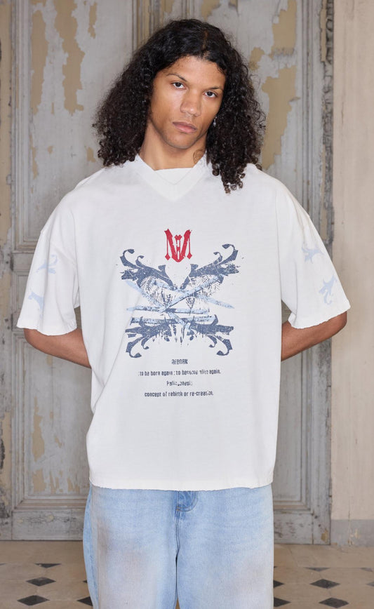 BoohooMAN PREMIUM OVERSIZED V NECK WASHED AND PRINTED T-SHIRT