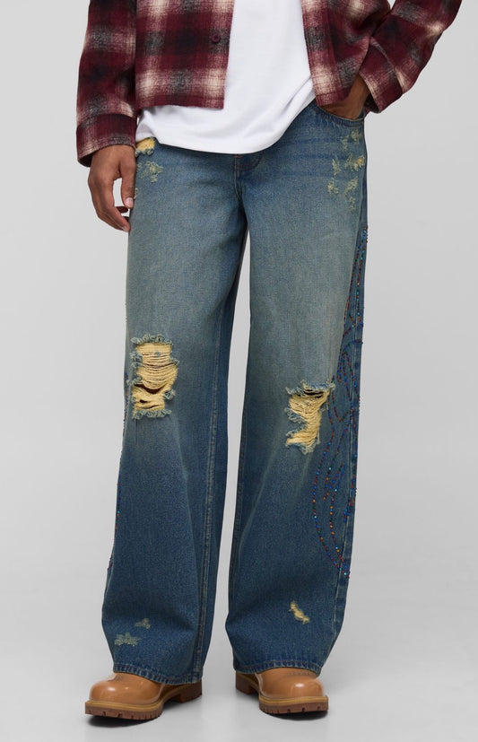 BoohooMAN Baggy Fit Studded Tribal Washed Jeans