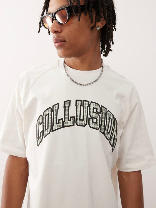 COLLUSION Heavyweight tee with check print in white