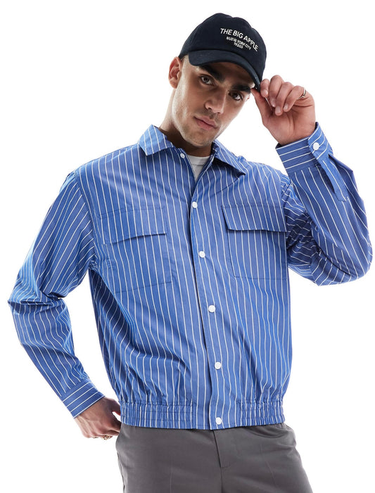 Pull&Bear striped worker shacket in blue