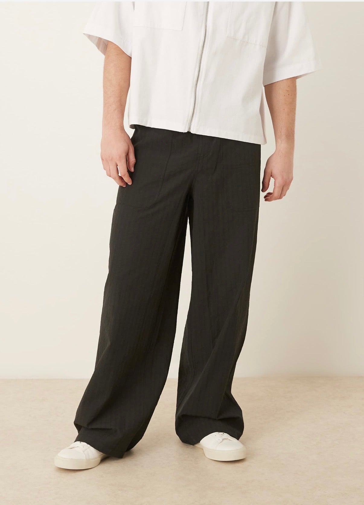 ASOS DESIGN super baggy seersucker trousers in black