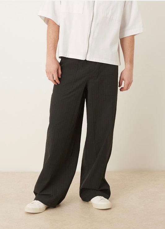 ASOS DESIGN super baggy seersucker trousers in black