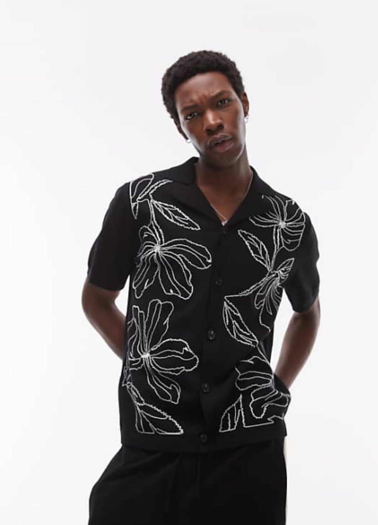 Topman front placement embroidered knitted shirt in black