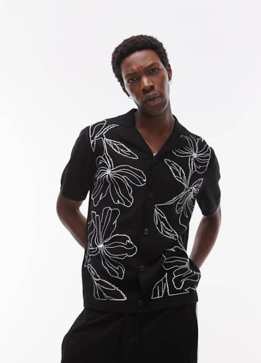 Topman front placement embroidered knitted shirt in black