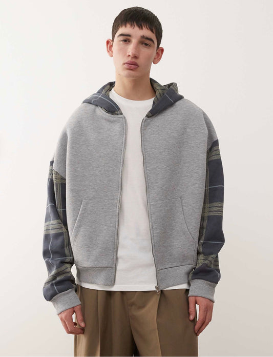 COLLUSION Boxy hoodie in grey with panelled sleeves in check