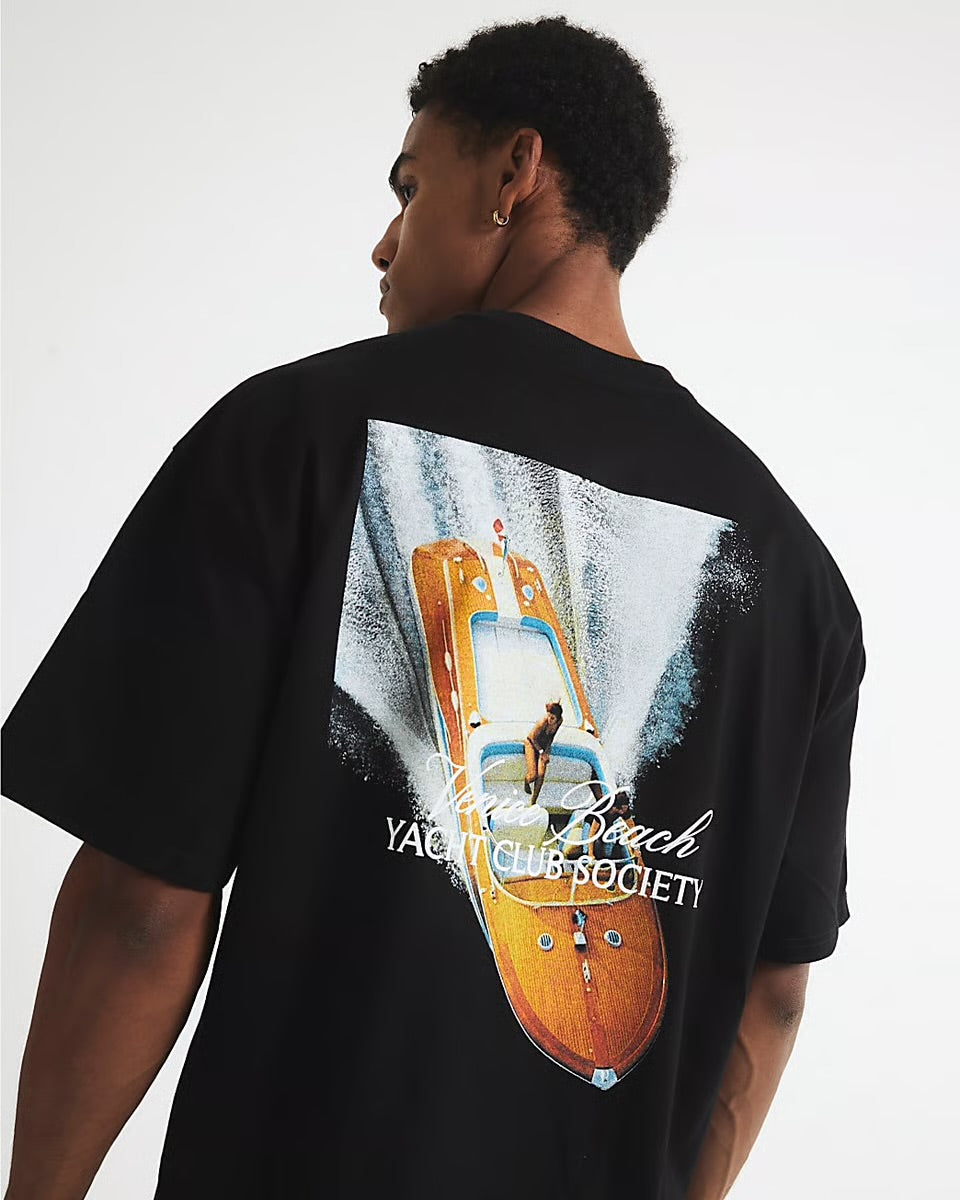 River Island Mens T-Shirt Black Yacht Club Society