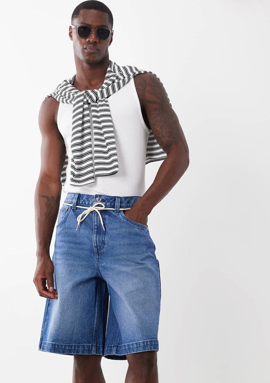 ASOS DESIGN loose denim jorts in mid wash blue with self tie
