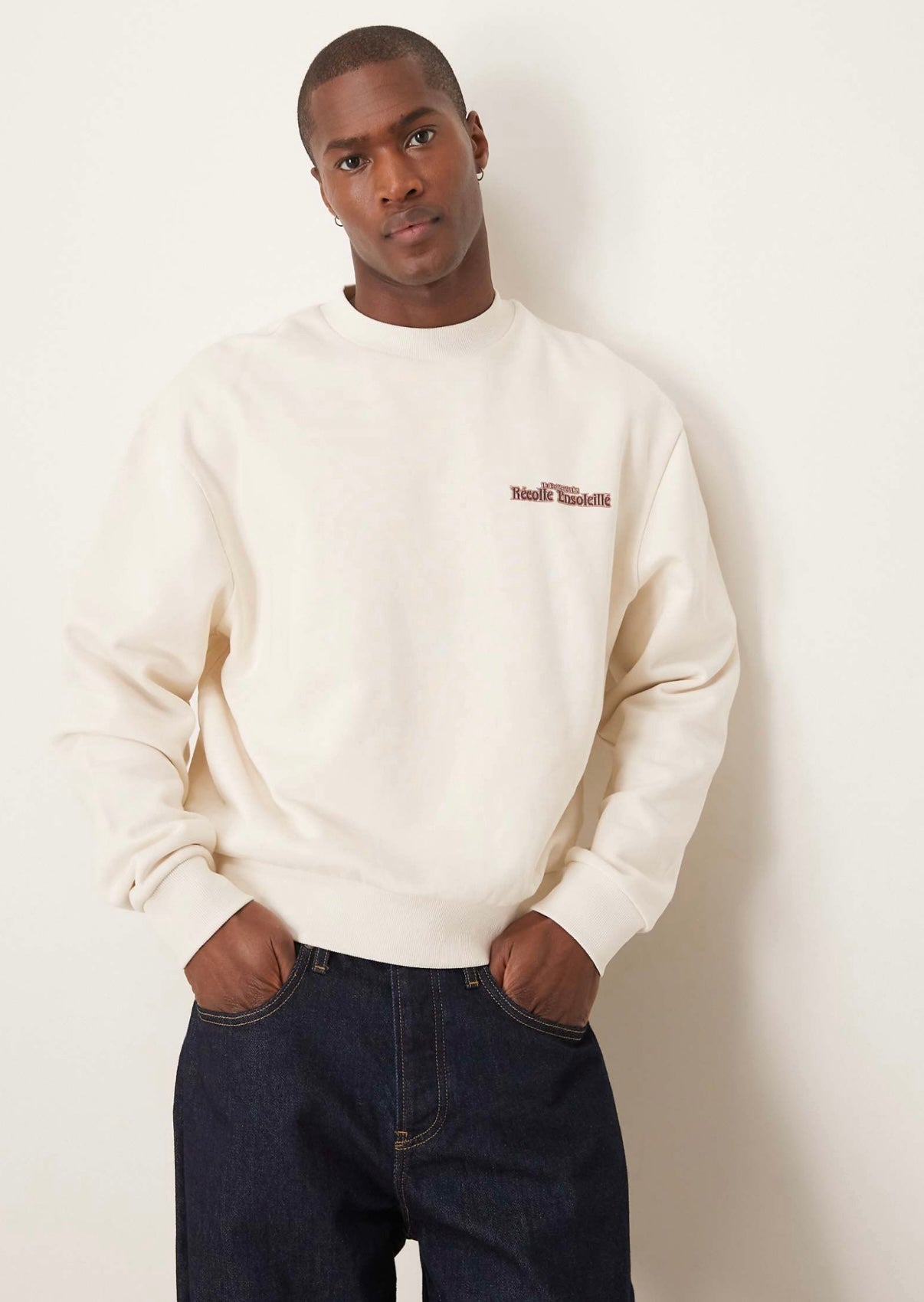 ASOS DESIGN boxy sweatshirt with chest and back print in tofu