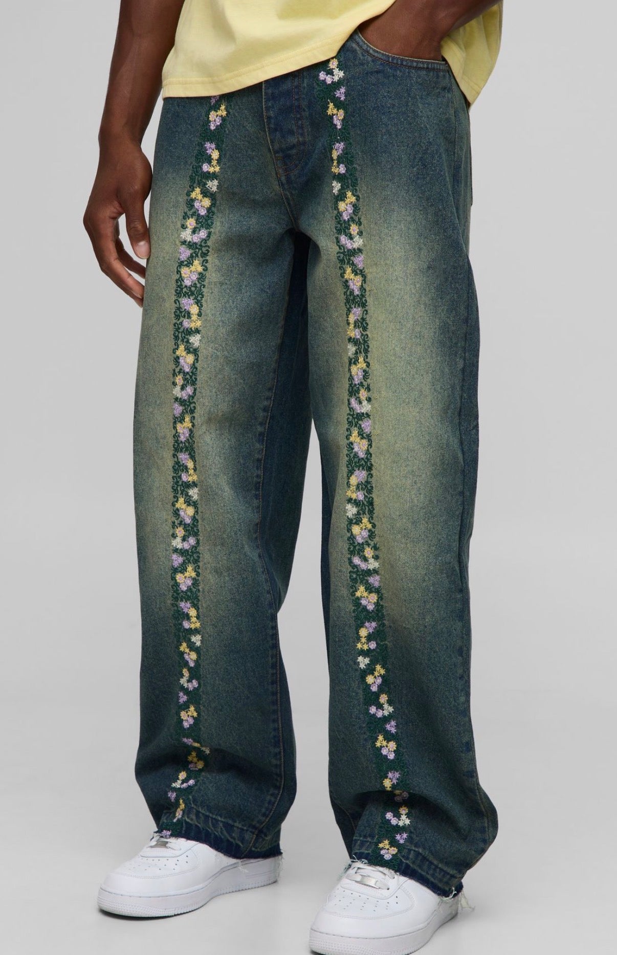 BoohooMAN Relaxed Floral Embroidery Denim Jeans With Let Down Hem