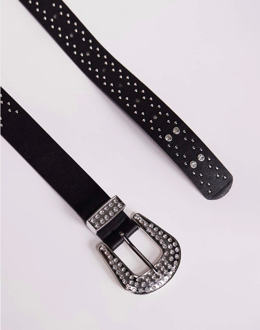 ASOS DESIGN western cowboy crystal studded belt in black faux leather