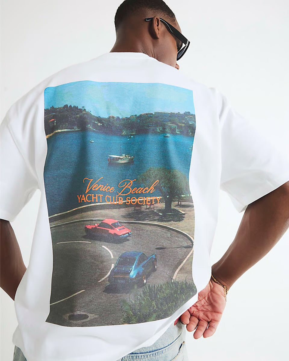 River Island Mens T-Shirt White Oversized Fit Yacht Club Car