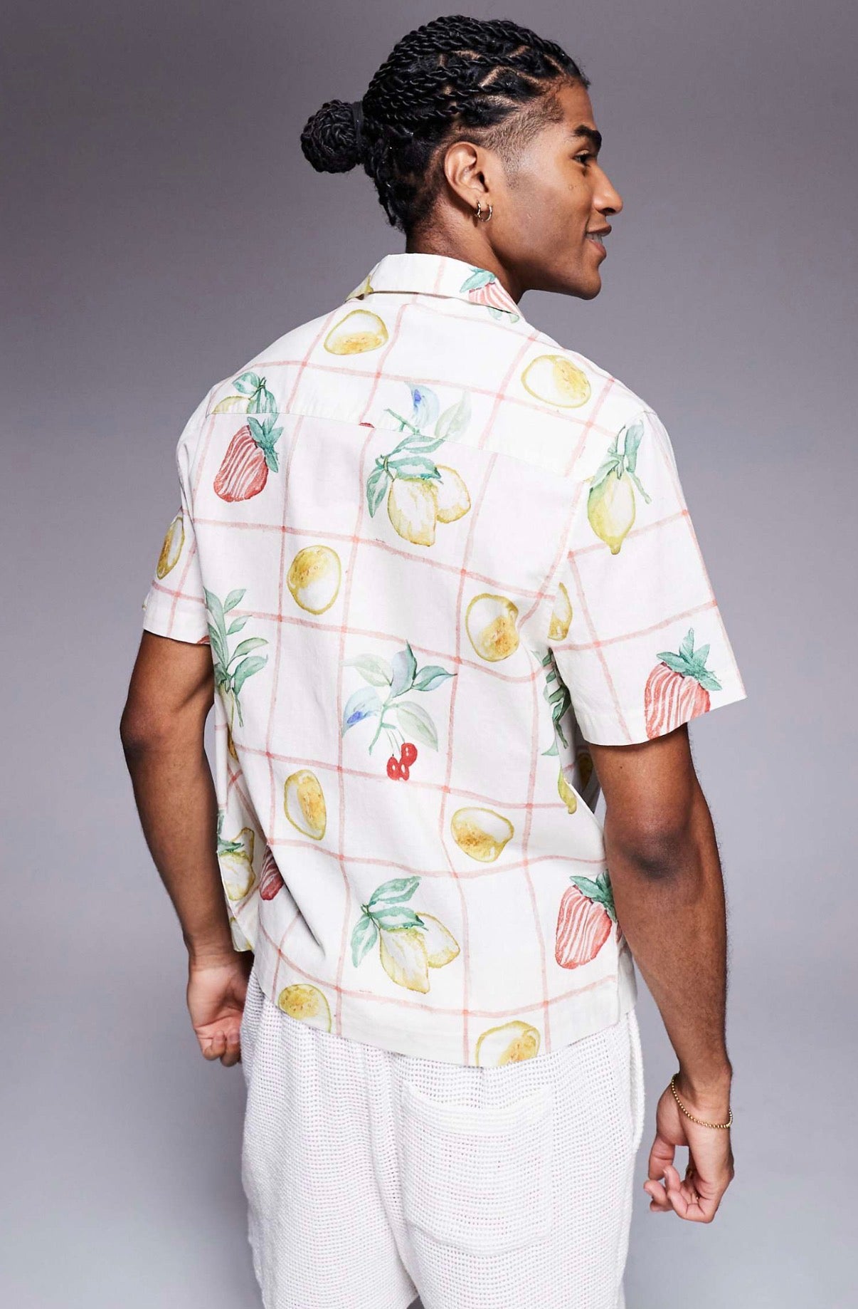 ASOS DESIGN oversized revere shirt with fruit print in beige
