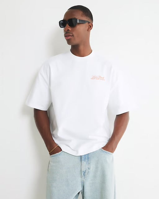 River Island Mens T-Shirt White Oversized Fit Yacht Club Car