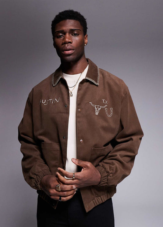 ASOS DESIGN oversized embroidered harrington jacket in brown