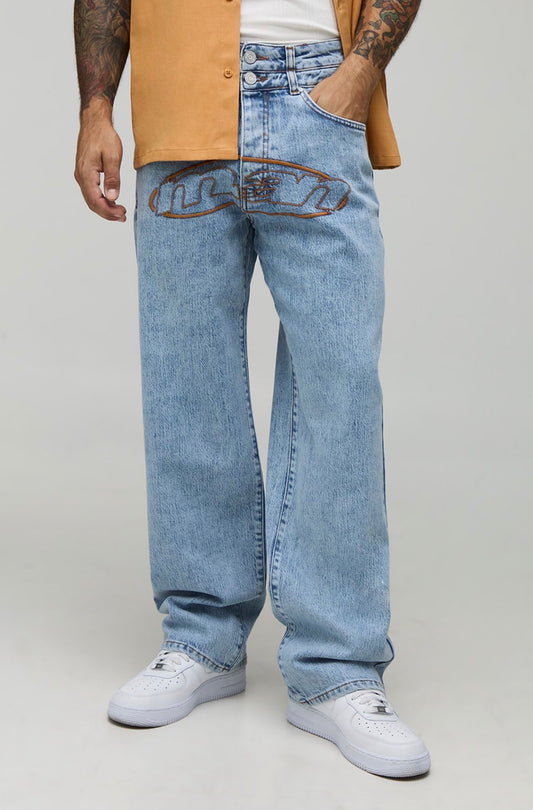 BoohooMAN Double Waistband Relaxed Contrast Stitch Jeans