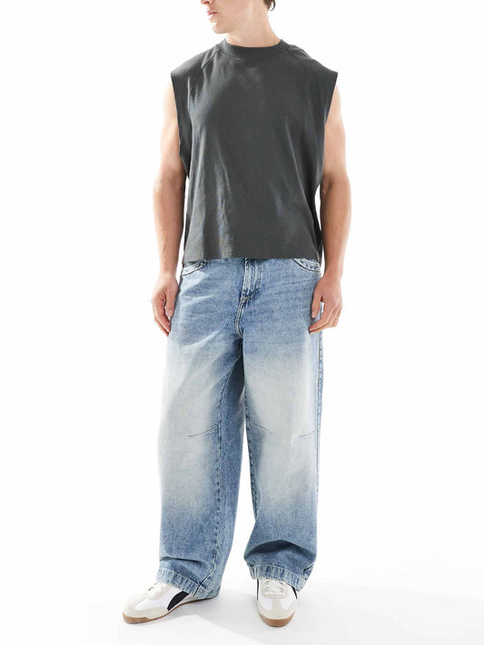 Bershka super baggy jean with back emboridery in blue