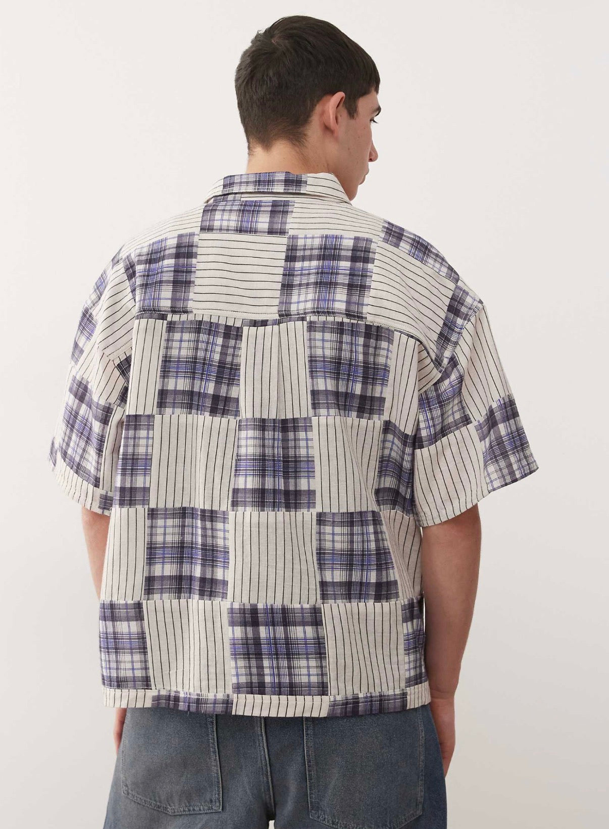 Reclaimed Vintage short sleeve boxy shirt with spliced stripe and check