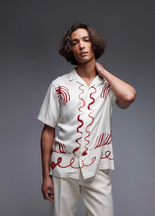 Topman relaxed fit short sleeve border print shirt in ecru